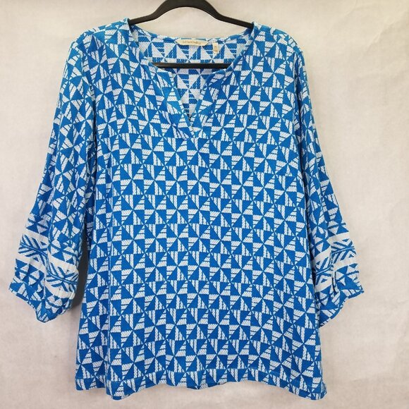 Soft Surroundings Narah Tunic Womens XL Geometric Knit 3/4 Puff Sleeve Top Retro - Picture 2 of 13